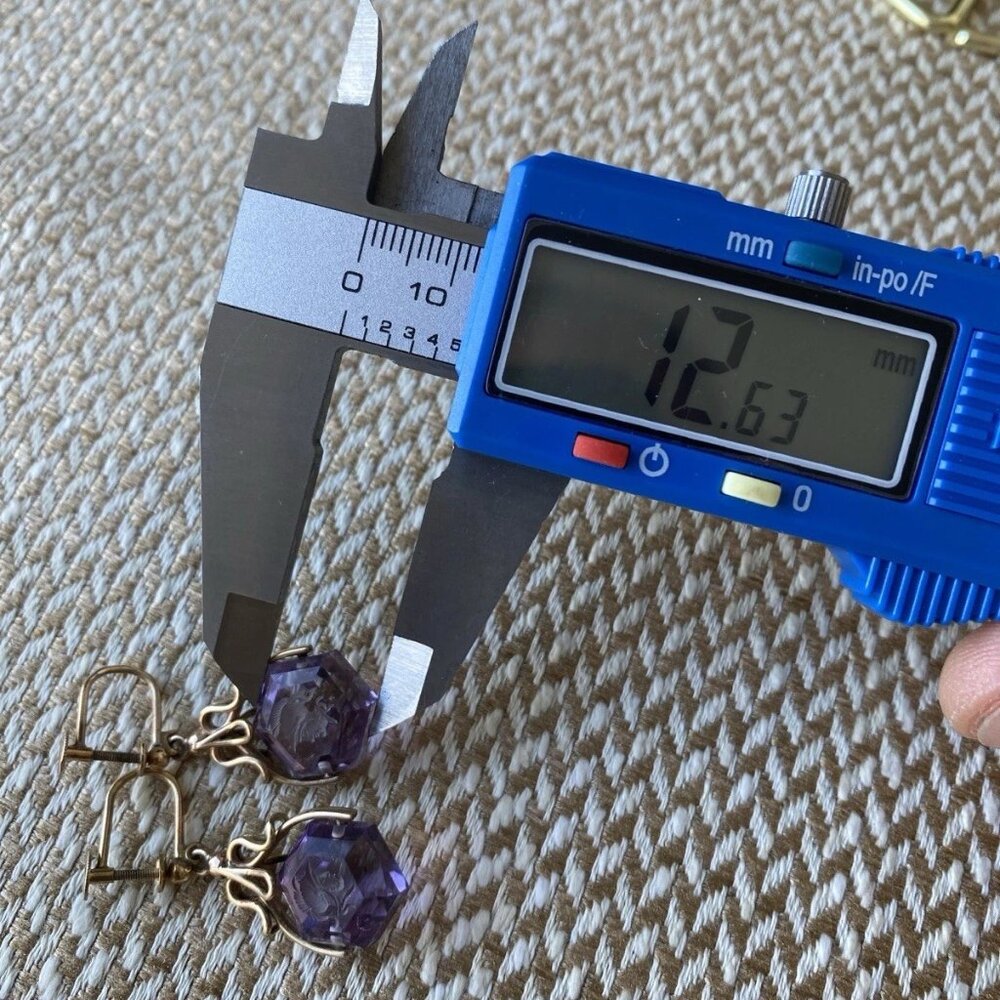 Antique 10K Gold Carved Amethyst Intaglio EarringsWells Jewelry Co 1930-40….